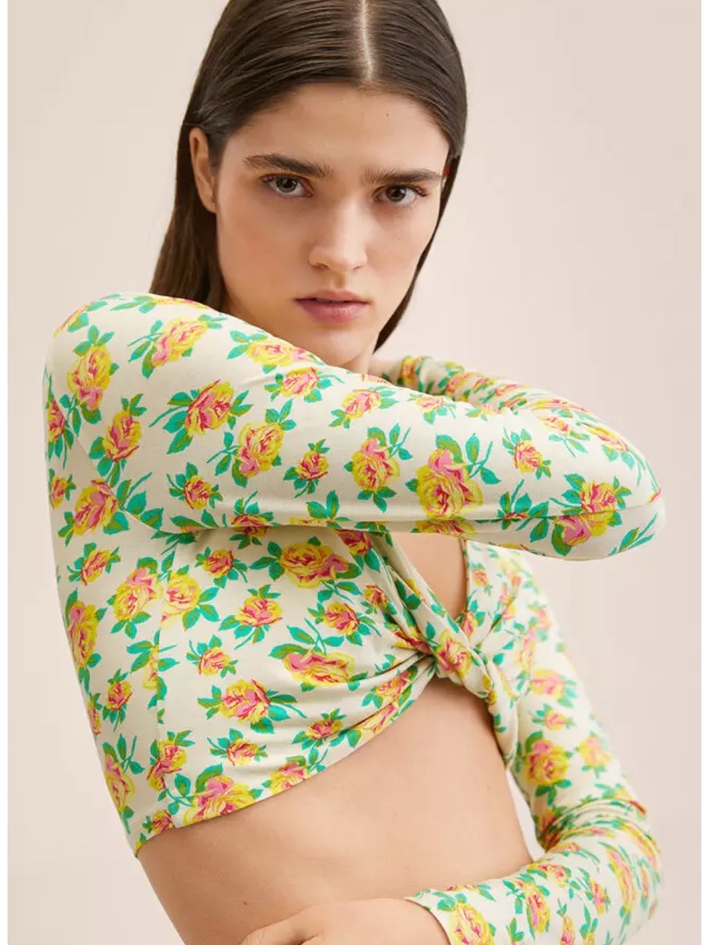 Mango Printed Twist Front Long Sleeve Crop Top Size M NWT
